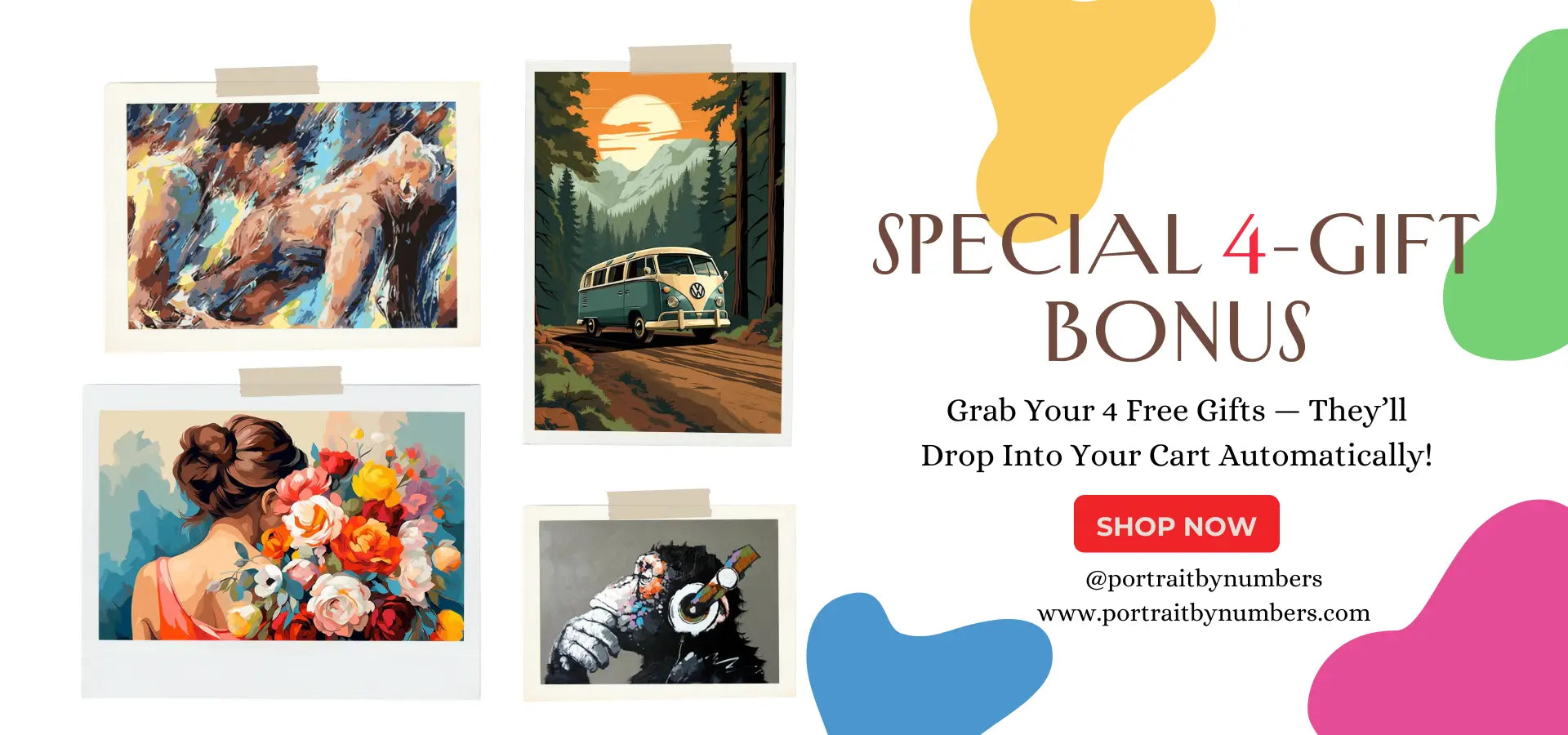 Portrait by Numbers banner showcasing premium adult paint-by-numbers kits with a special 4-gift bonus offer.